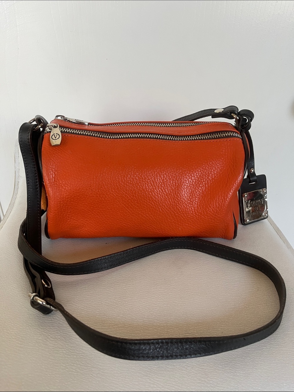 Valentina Orange Leather Crossbody with dark brown Strap